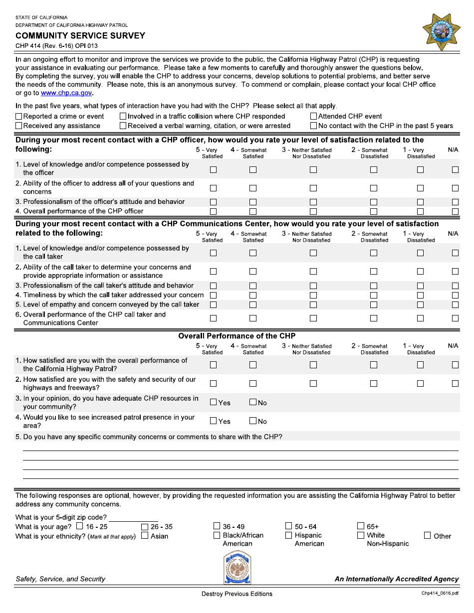 Form CHP414 Community Service Survey - California, Page 1