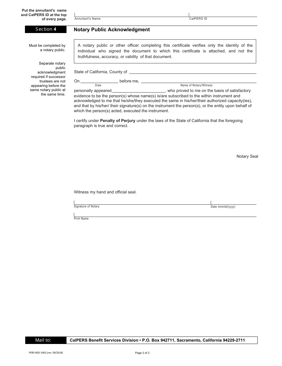 Form PERS-BSD-1962 Certification of Trust and Request for Continued Payment of Monthly Allowance to a Trust - California, Page 3