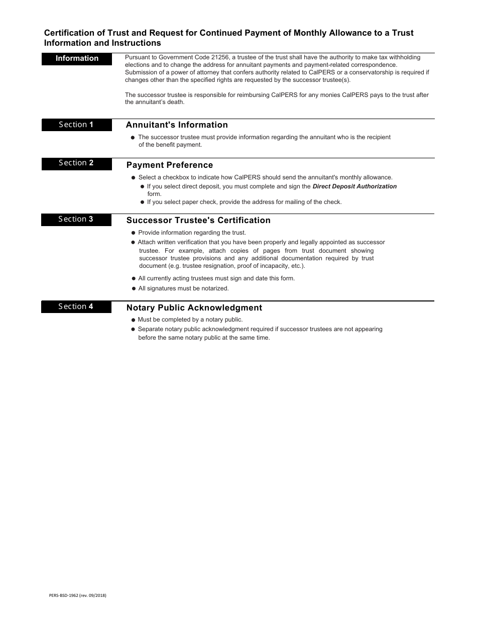 Form PERS-BSD-1962 Certification of Trust and Request for Continued Payment of Monthly Allowance to a Trust - California, Page 4