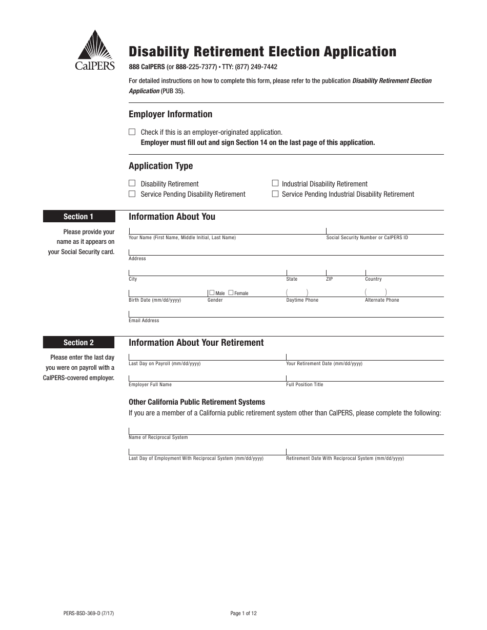 Form PERS-BSD-369-D Disability Retirement Election Application - California, Page 1