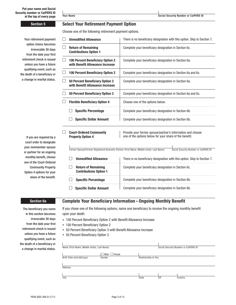 Form PERS-BSD-369-D Disability Retirement Election Application - California, Page 3