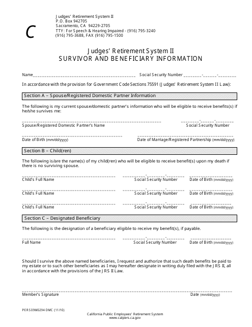 Form PERS09M0294 DMC Judges' Retirement System II Survivor and Beneficiary Information - California