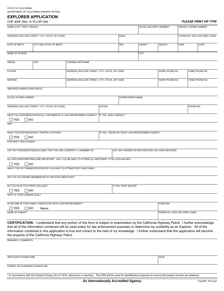 Form CHP400F Explorer Application - California, Page 1