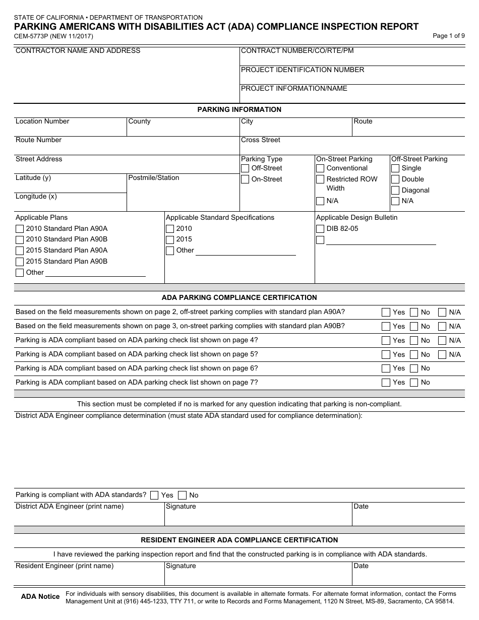 Form CEM-5773P Parking Americans With Disabilities Act (Ada) Compliance Inspection Report - California, Page 1