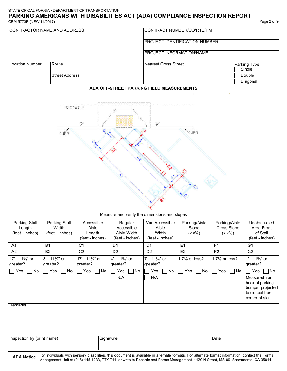 Form CEM-5773P Parking Americans With Disabilities Act (Ada) Compliance Inspection Report - California, Page 2