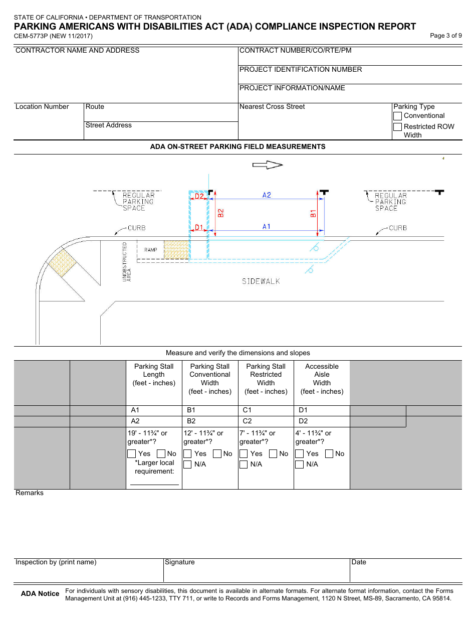 Form CEM-5773P Parking Americans With Disabilities Act (Ada) Compliance Inspection Report - California, Page 3