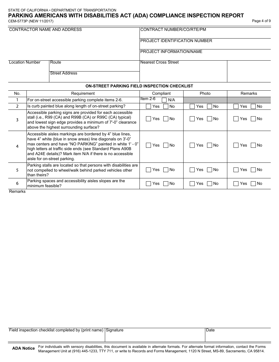 Form CEM-5773P Parking Americans With Disabilities Act (Ada) Compliance Inspection Report - California, Page 4