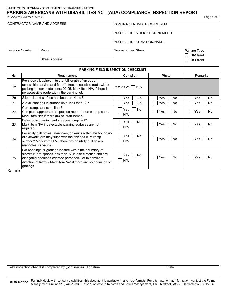 Form CEM-5773P Parking Americans With Disabilities Act (Ada) Compliance Inspection Report - California, Page 6