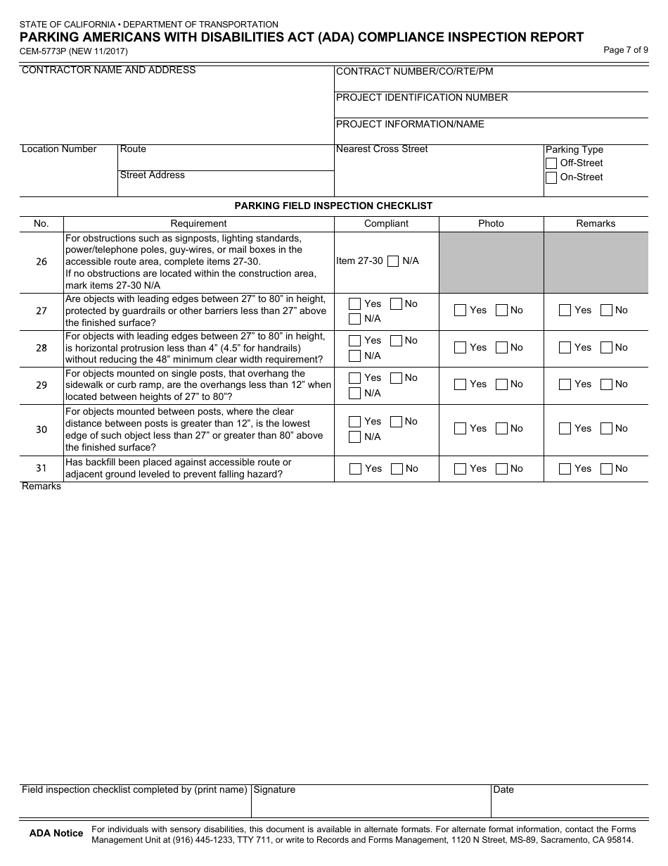 Form CEM-5773P Parking Americans With Disabilities Act (Ada) Compliance Inspection Report - California, Page 7