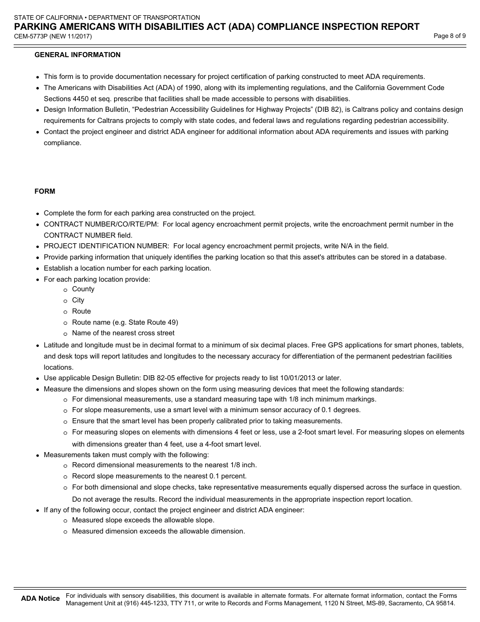 Form CEM-5773P Parking Americans With Disabilities Act (Ada) Compliance Inspection Report - California, Page 8
