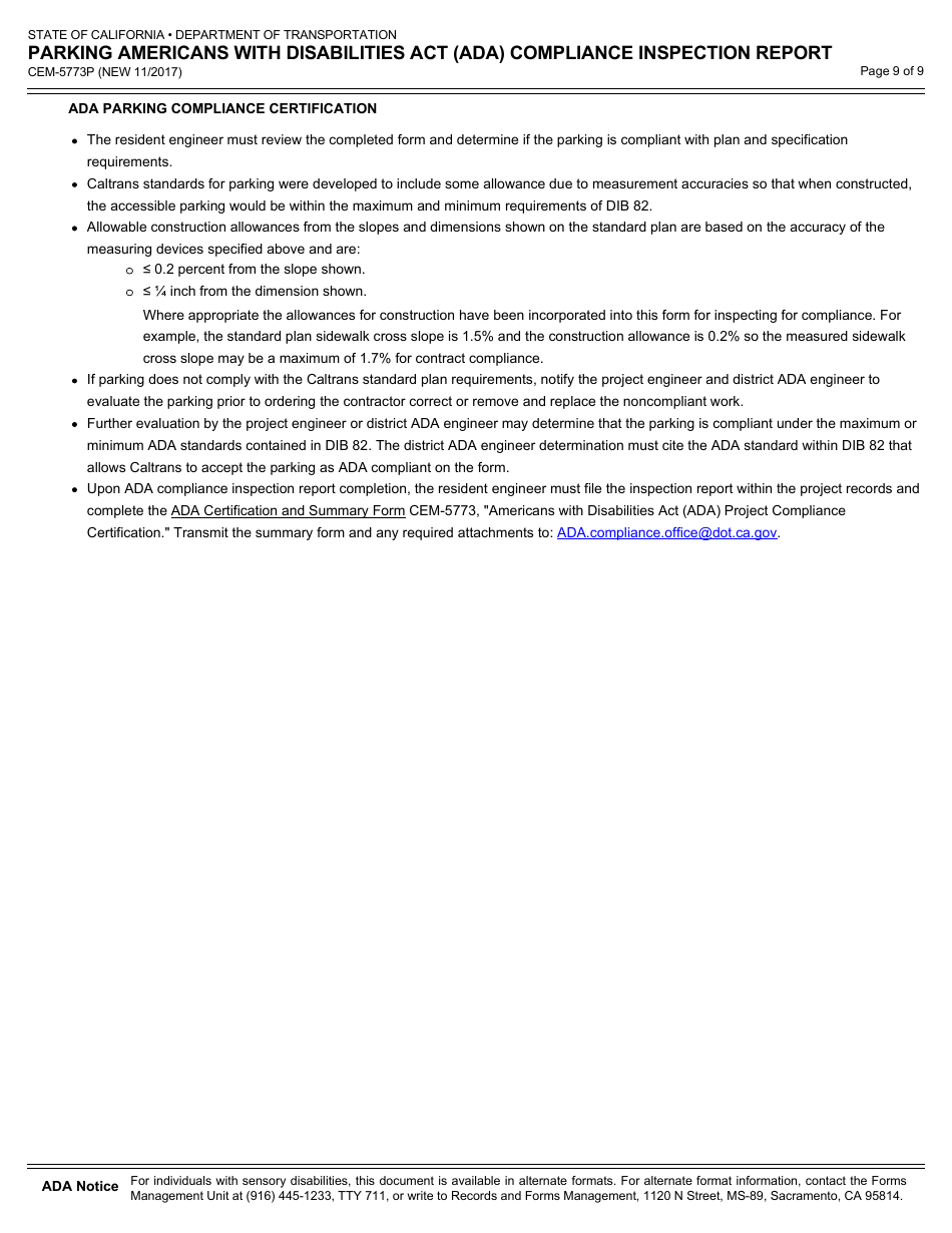 Form CEM-5773P Parking Americans With Disabilities Act (Ada) Compliance Inspection Report - California, Page 9