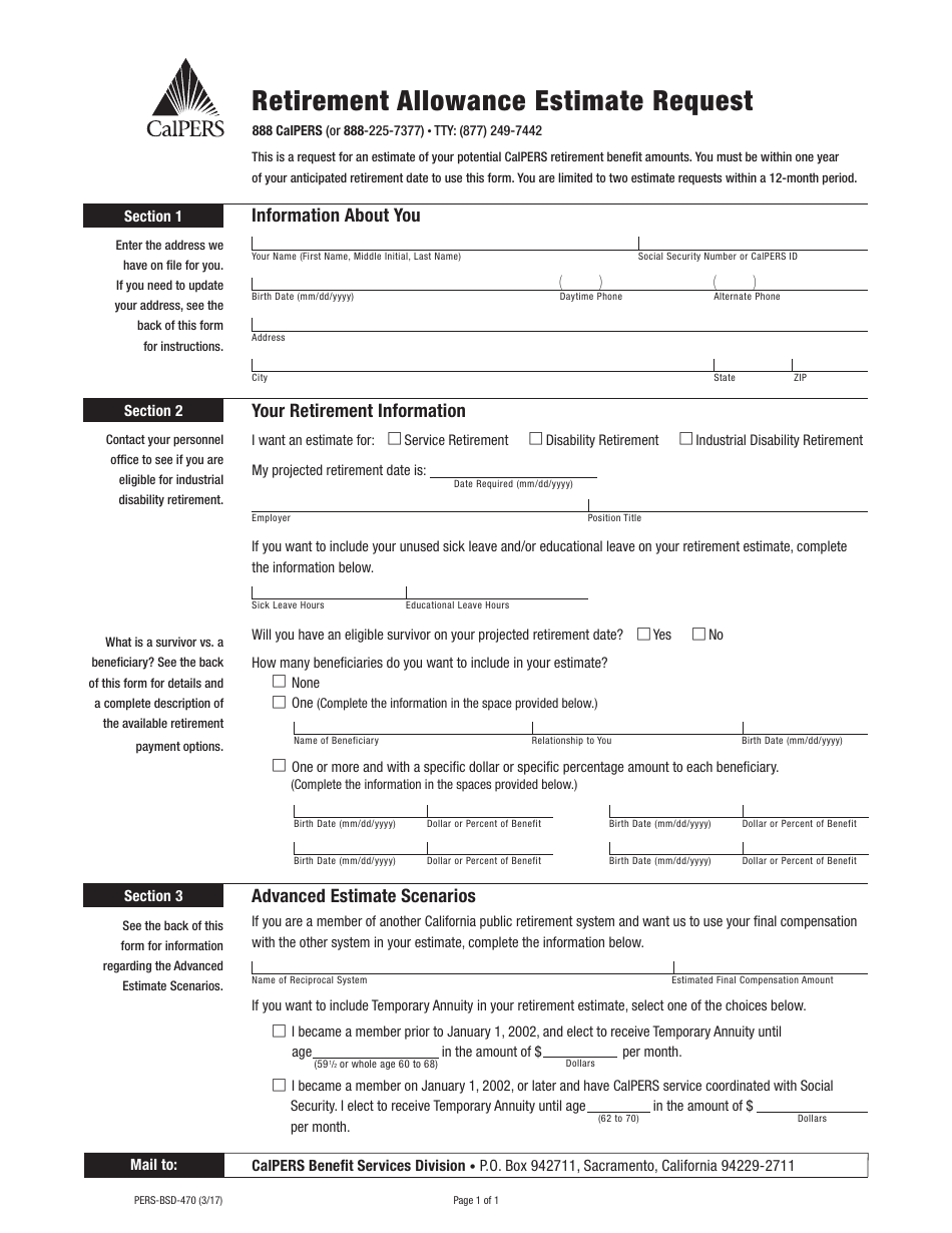 Form PERS-BSD-470 Retirement Allowance Estimate Request - California, Page 1