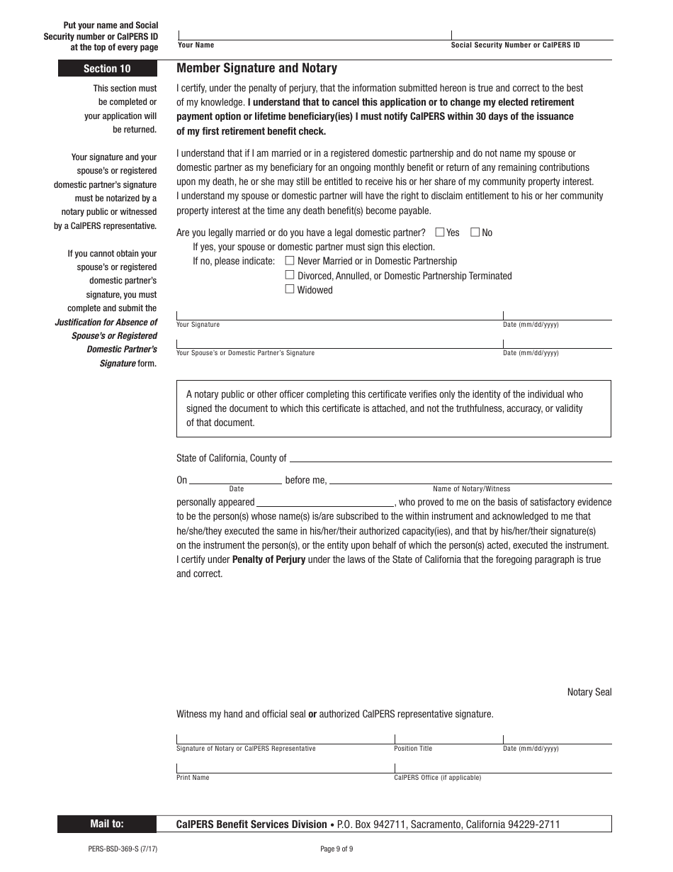 Form PERS-BSD-369-S Service Retirement Election Application - California, Page 9