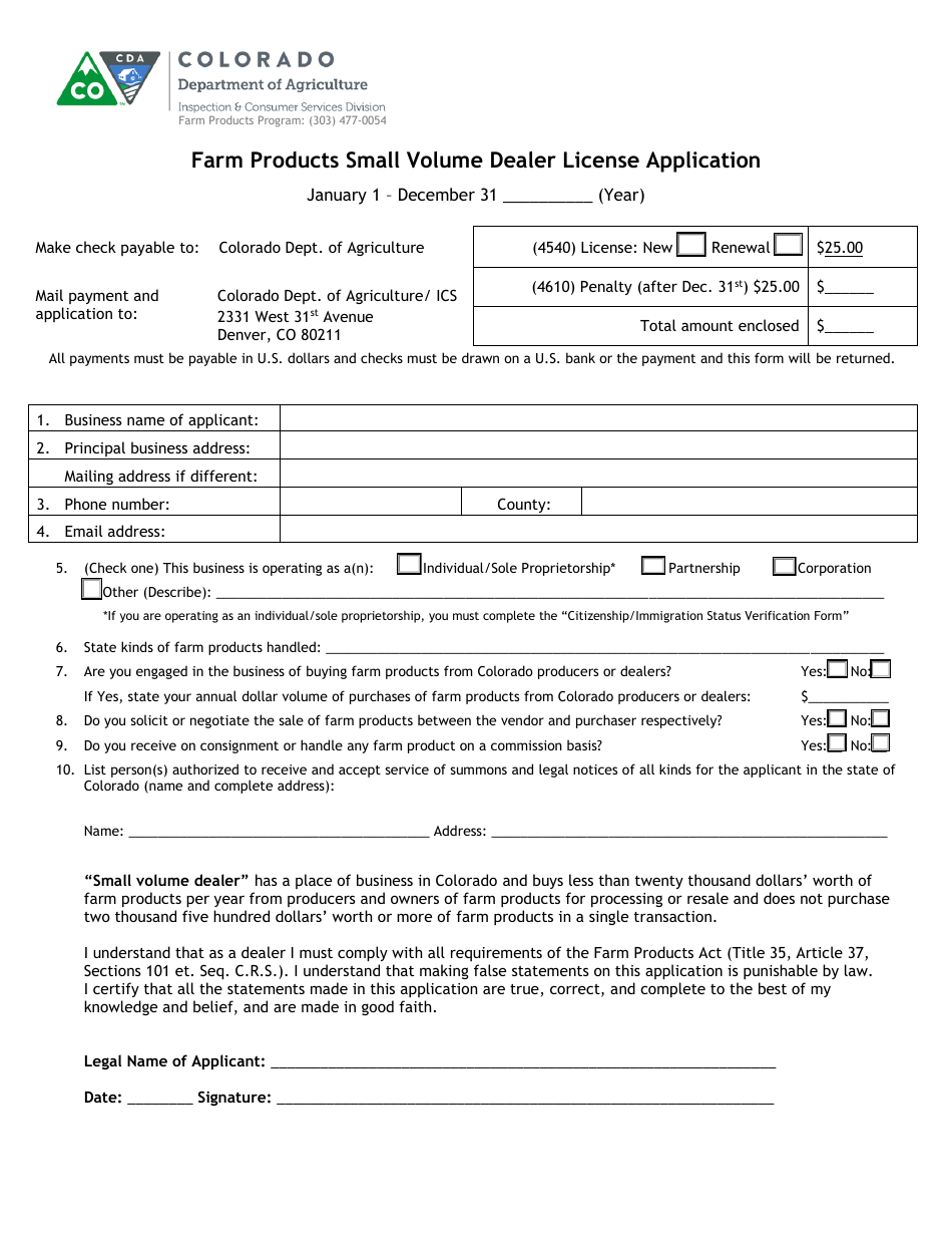 Farm Products Small Volume Dealer License Application - Colorado, Page 1