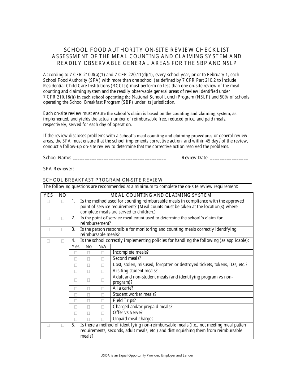 School Food Authority on-Site Review Checklist - Kentucky, Page 1