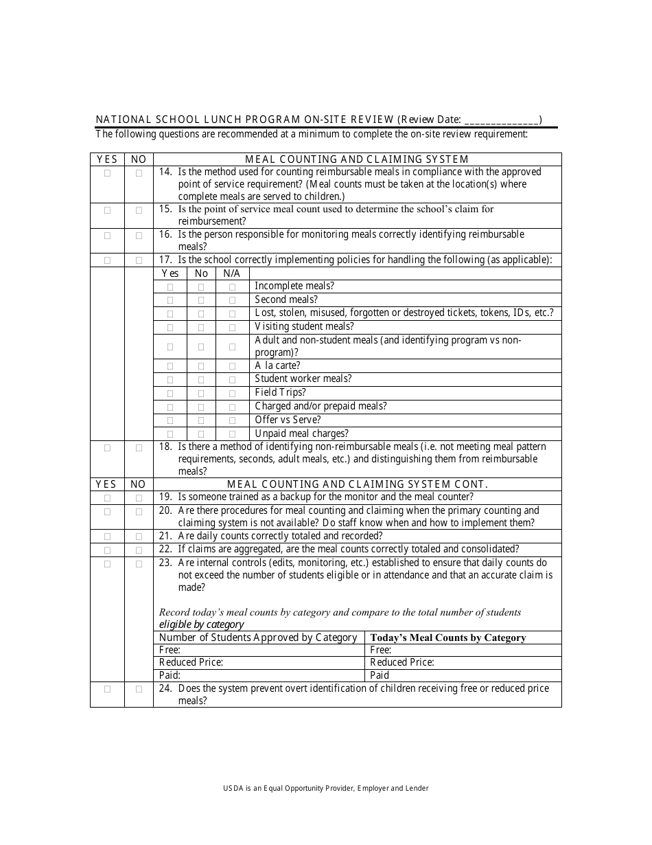 School Food Authority on-Site Review Checklist - Kentucky, Page 5