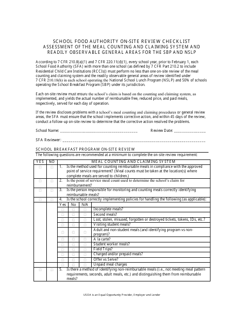 School Food Authority on-Site Review Checklist - Kentucky Download Pdf