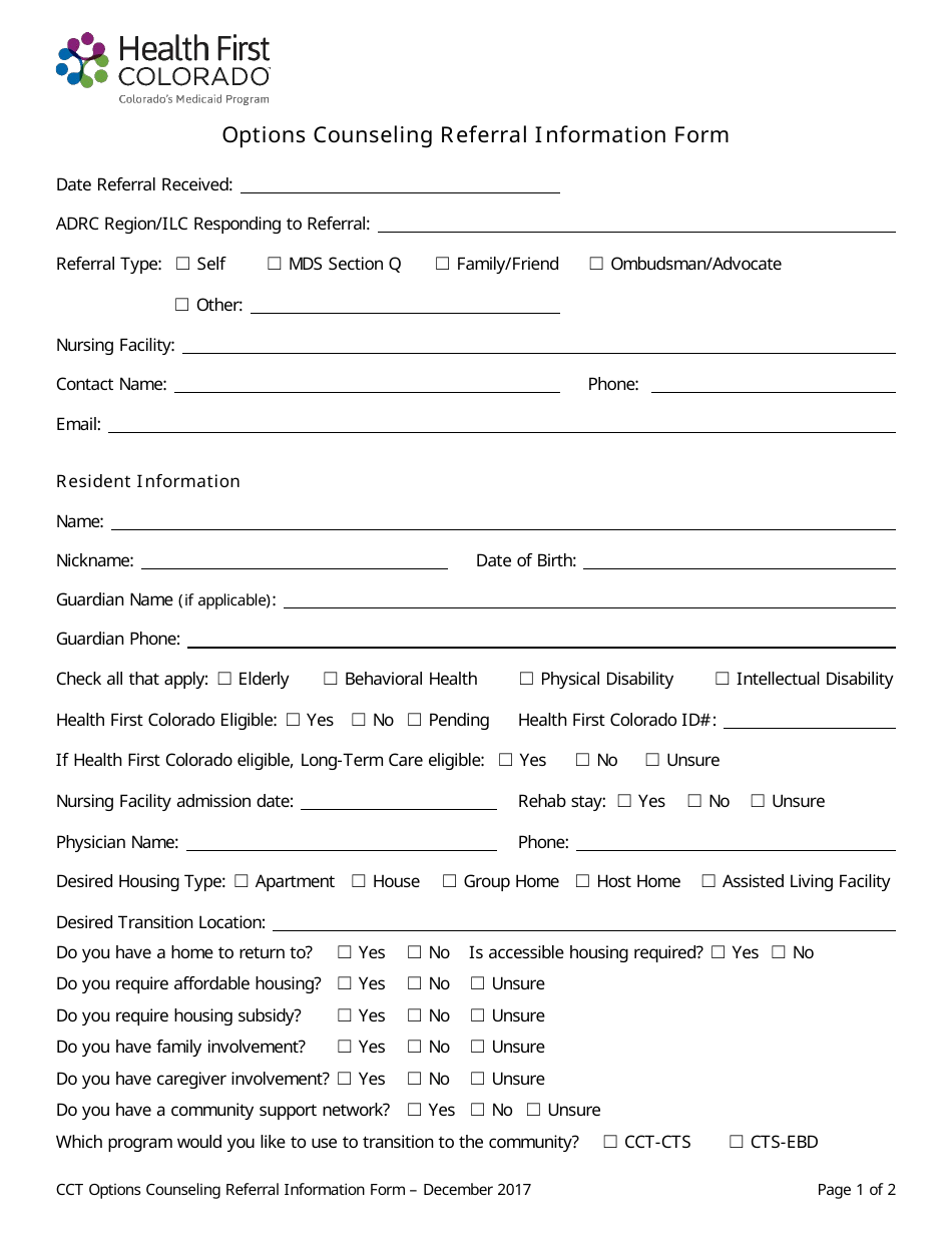 Options Counseling Referral Information Form - Colorado, Page 1