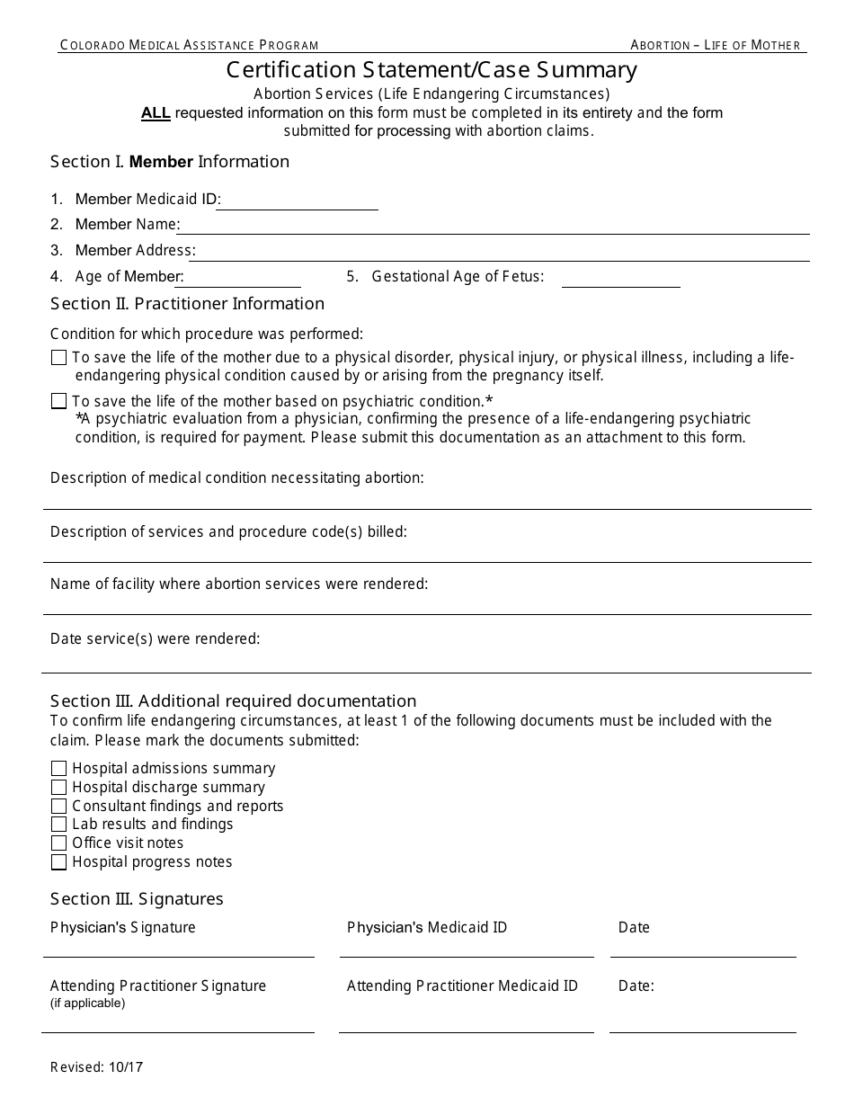 Certification Statement / Case Summary - Colorado Medical Assistance Program - Colorado, Page 1