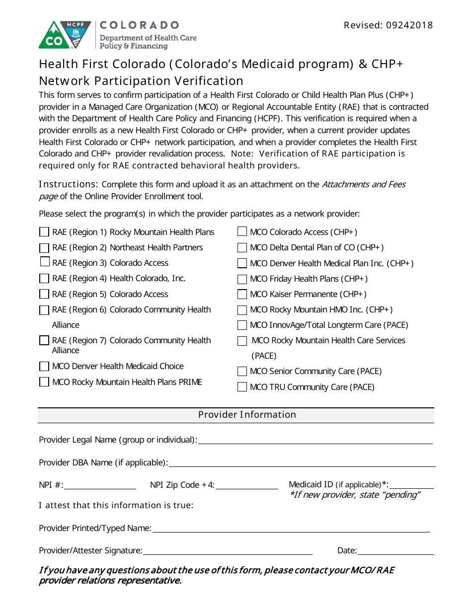 Health First Colorado (Colorados Medicaid Program)  Chp+ Network Participation Verification - Colorado, Page 1