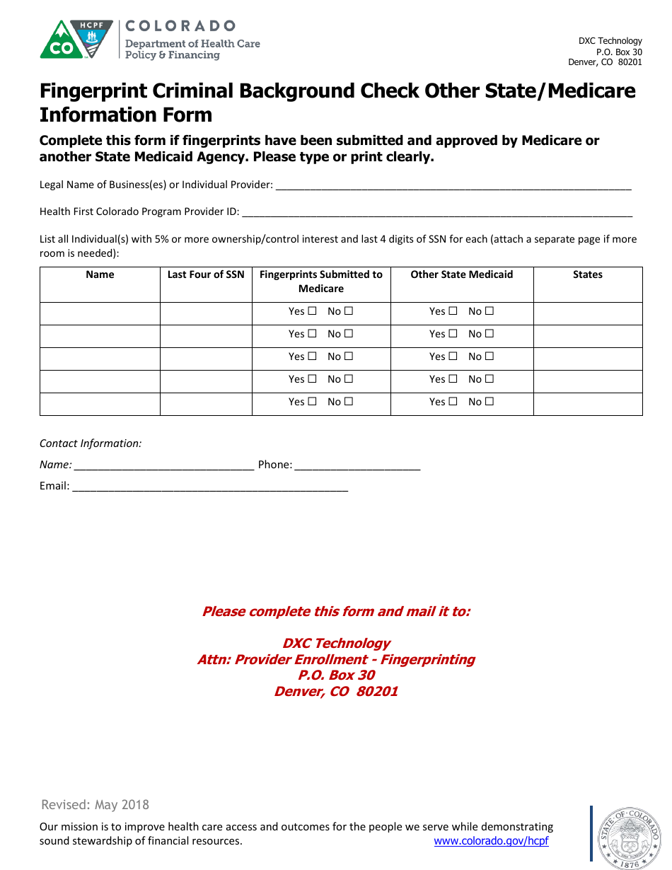 Fingerprint Criminal Background Check Other State/Medicare Information Form - Colorado, Page 1