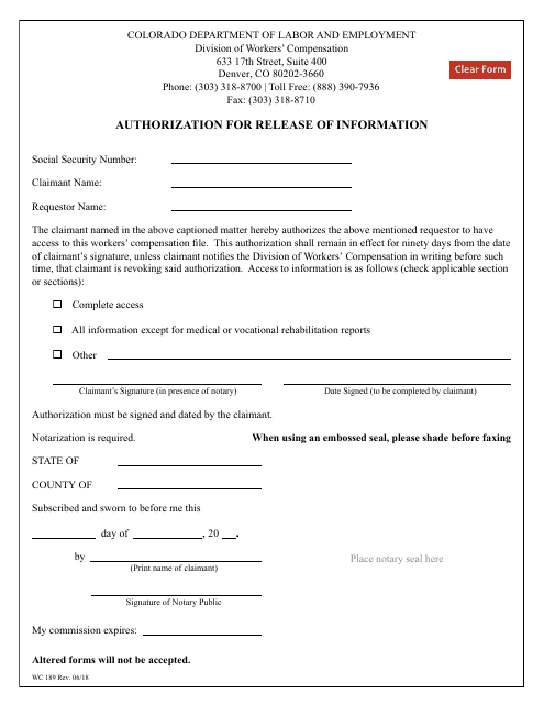 Form WC189 Authorization for Release of Information - Colorado