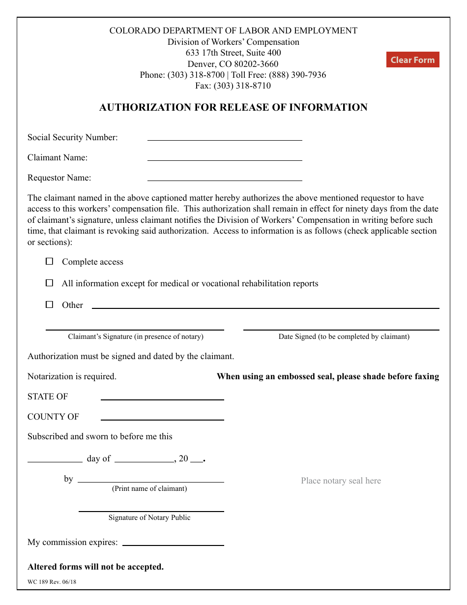 Form WC189 Authorization for Release of Information - Colorado, Page 1