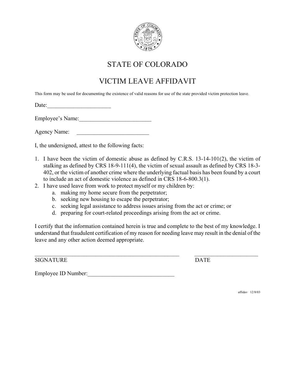 Victim Leave Affidavit Form - Colorado, Page 1