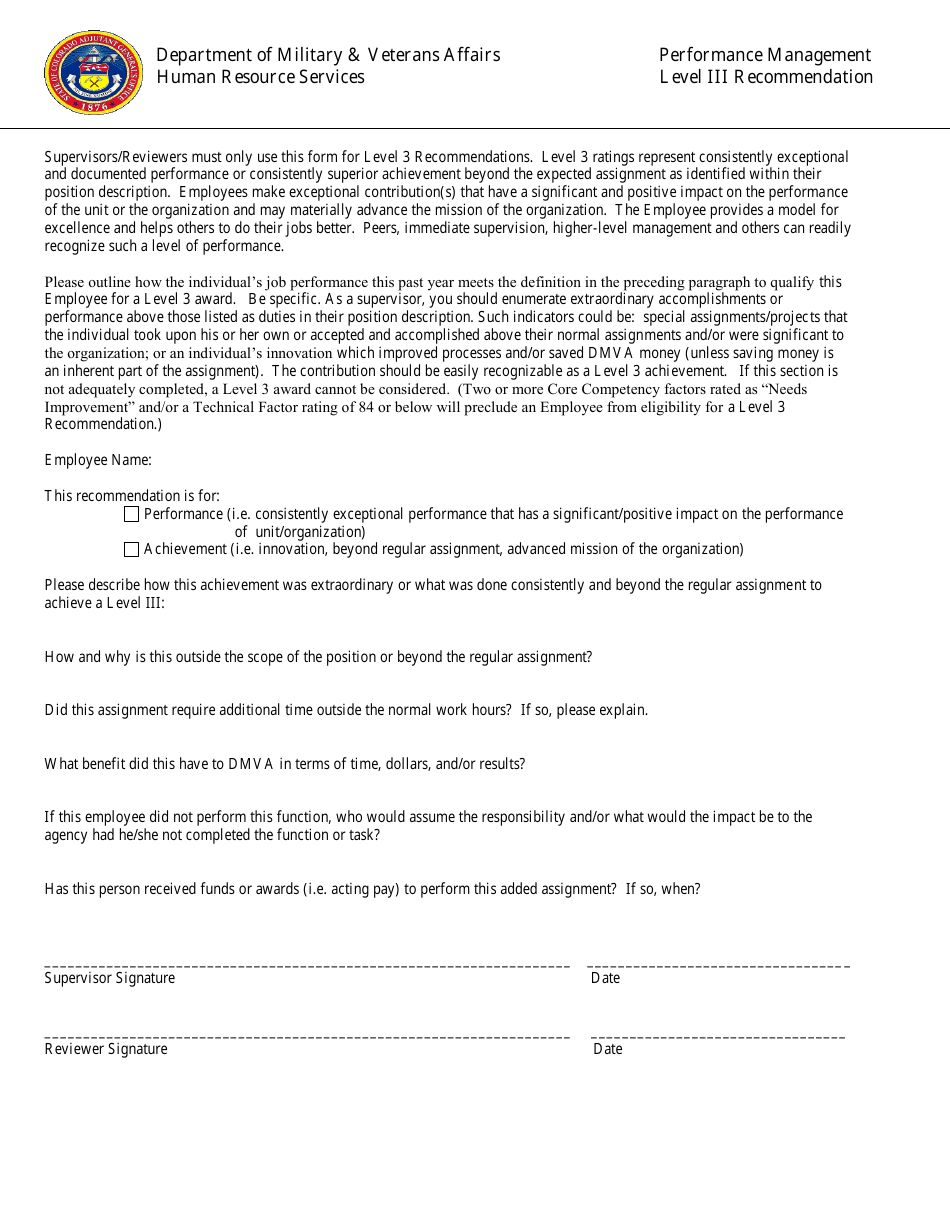Performance Management Level Iii Recommendation Form - Colorado, Page 1