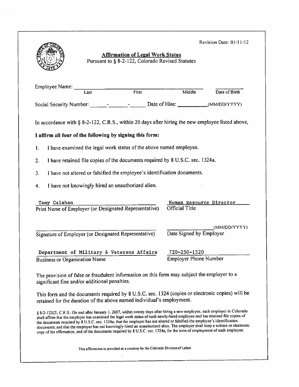 Affirmation of Legal Work Status - Colorado, Page 1