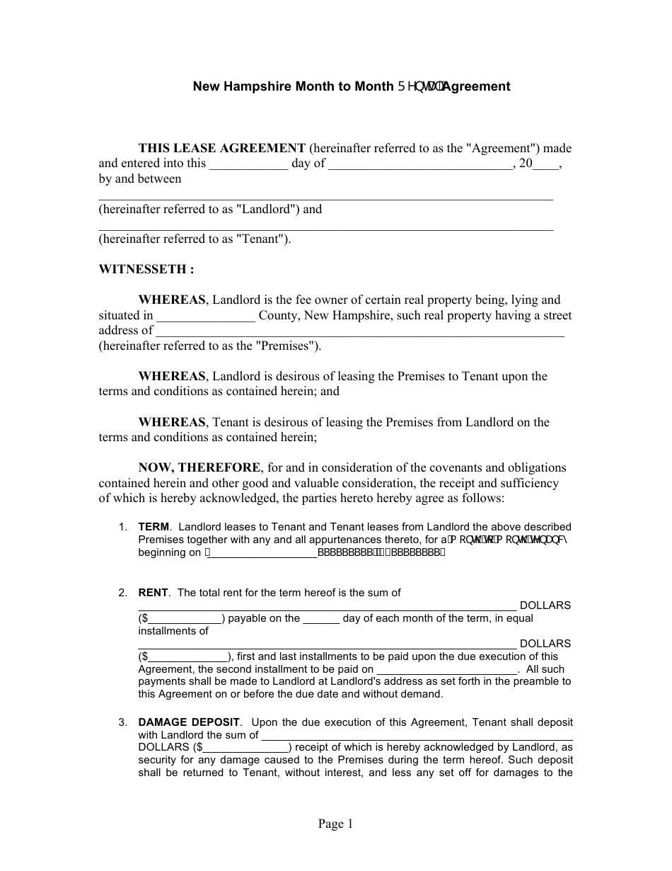 Month-To-Month Rental Agreement Template - New Hampshire, Page 1