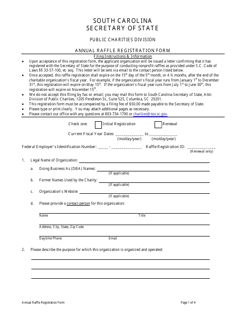 Annual Raffle Registration Form - South Carolina