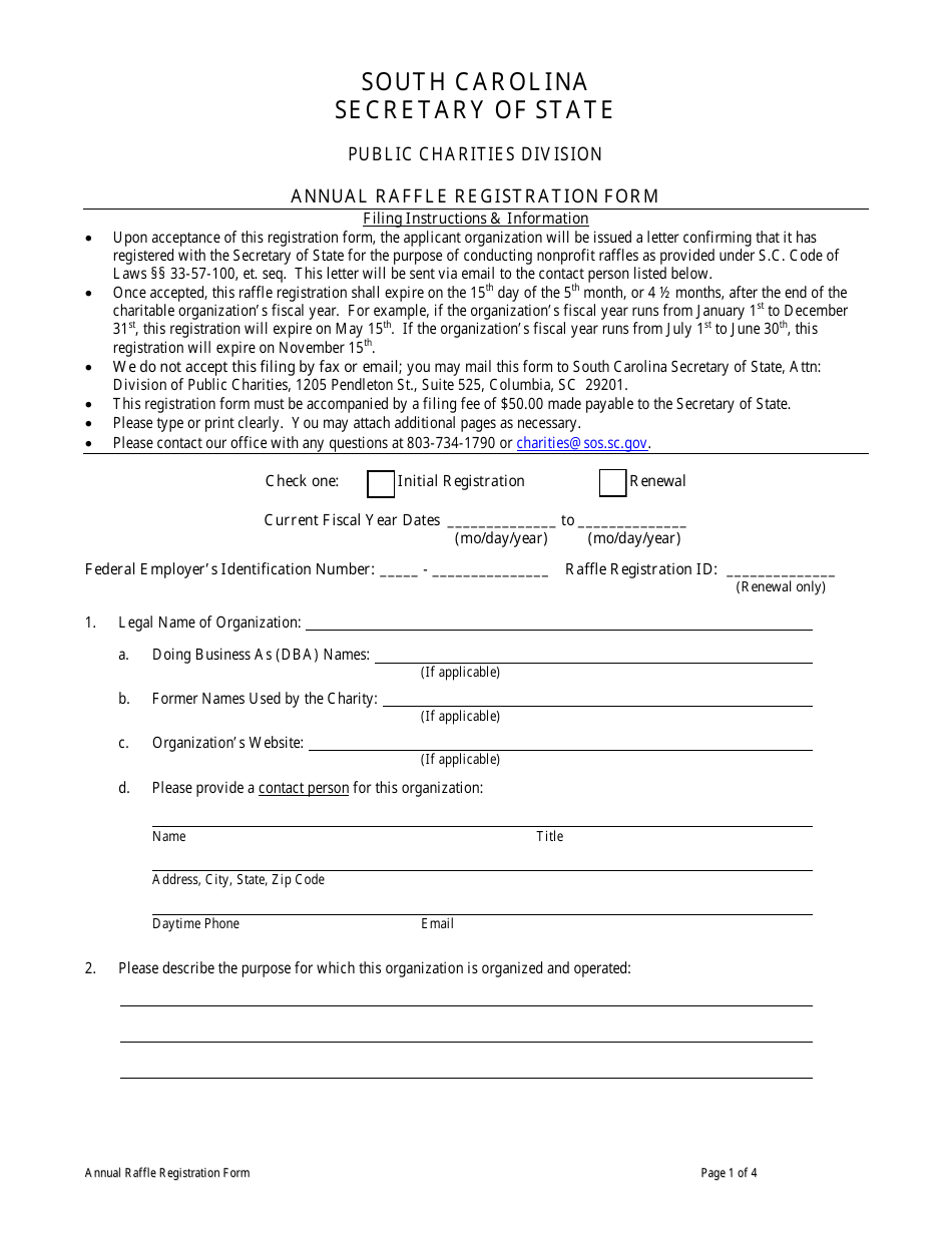 Annual Raffle Registration Form - South Carolina, Page 1