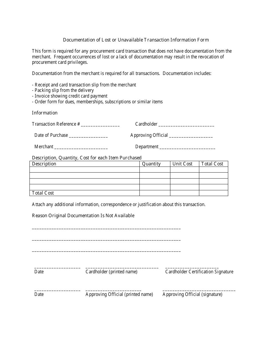 Colorado Documentation of Lost or Unavailable Transaction Information