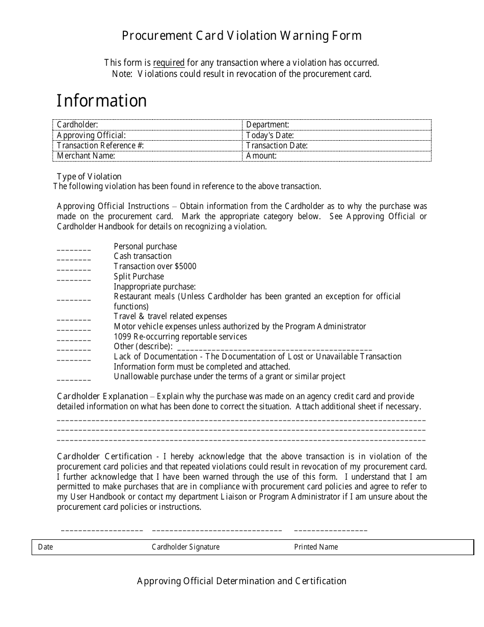 Procurement Card Violation Warning Form - Colorado, Page 1