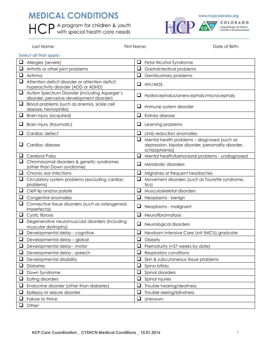 Medical Conditions Form - Colorado, Page 1