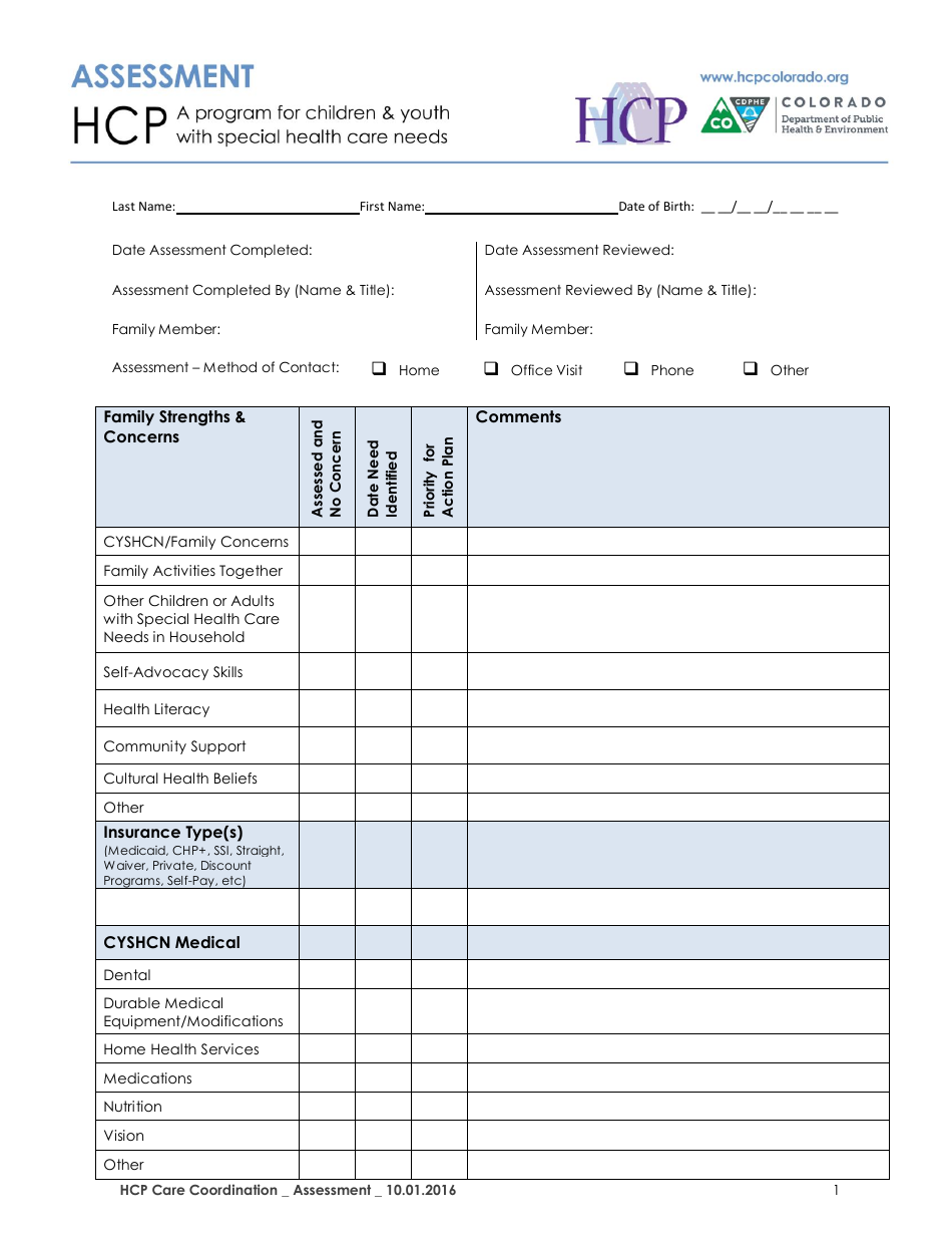 Hcp Assessment Form - Colorado, Page 1