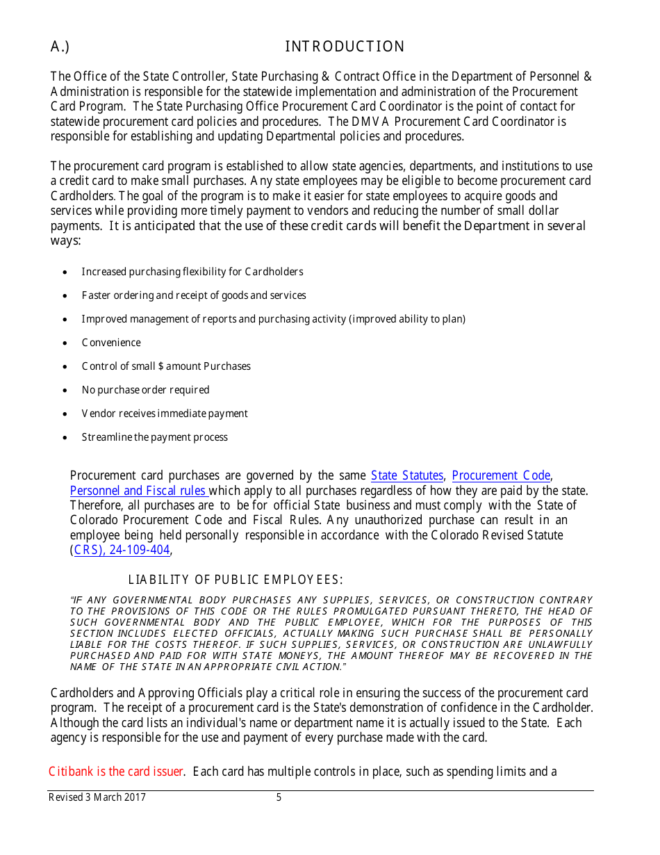 Procurement Card Department Manual - Colorado, Page 5
