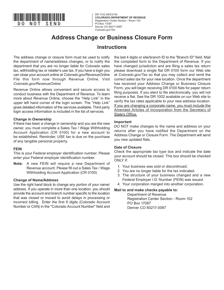 Form DR1102 Address Change or Business Closure Form - Colorado, Page 1