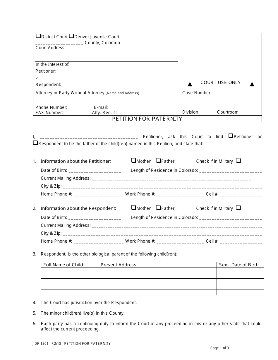 Form JDF1501 Petition for Paternity - Colorado, Page 1