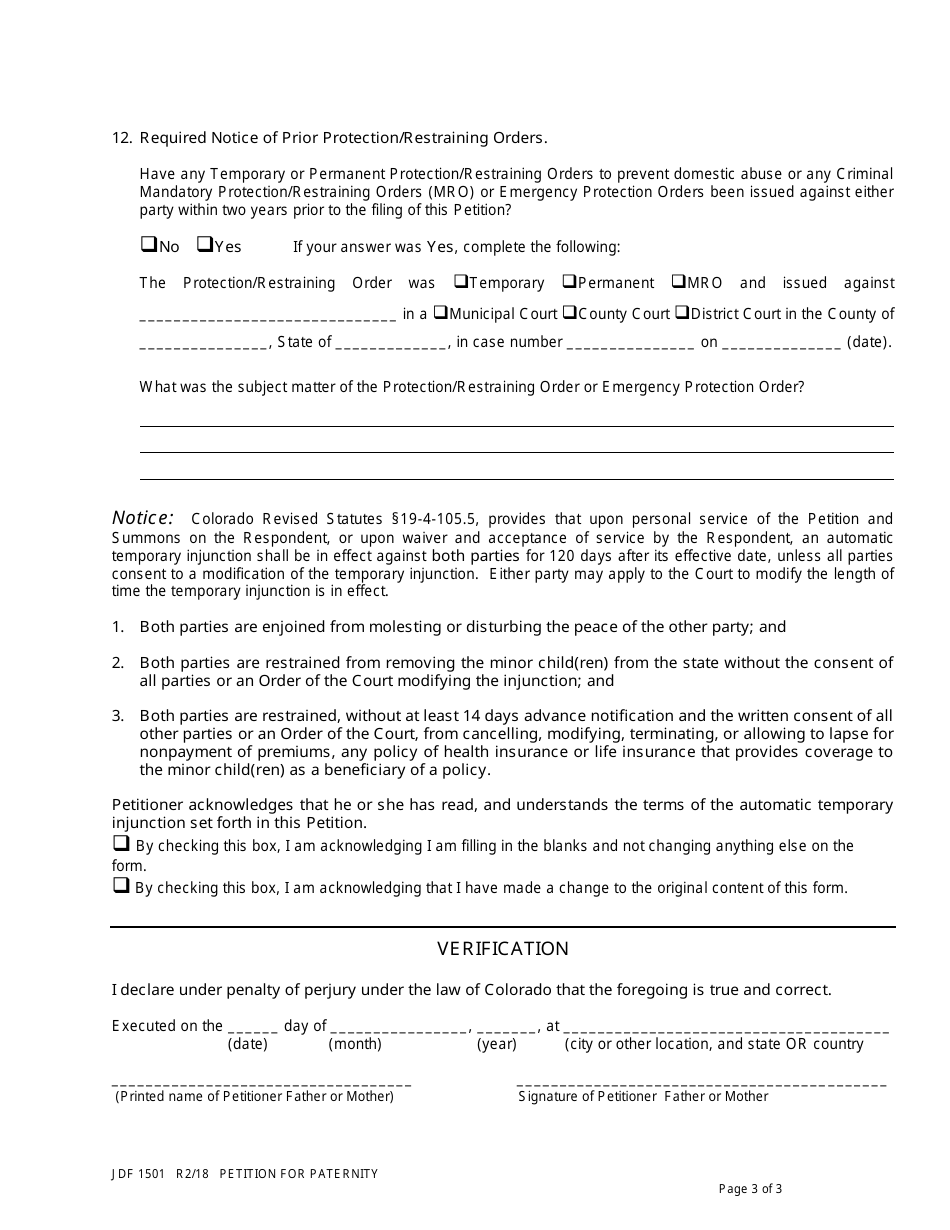 Form JDF1501 Petition for Paternity - Colorado, Page 3