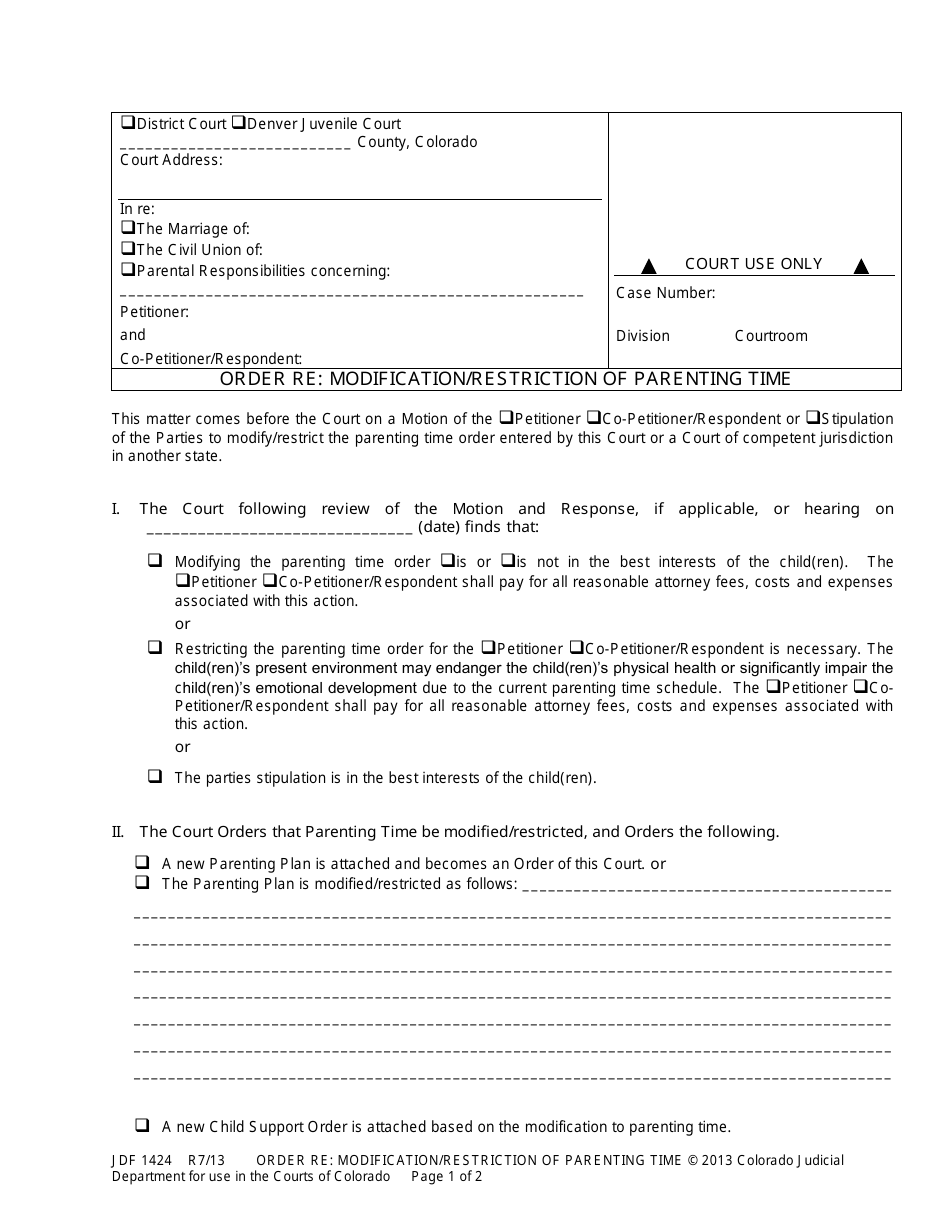 Form JDF1424 Order Re: Modification / Restriction of Parenting Time - Colorado, Page 1