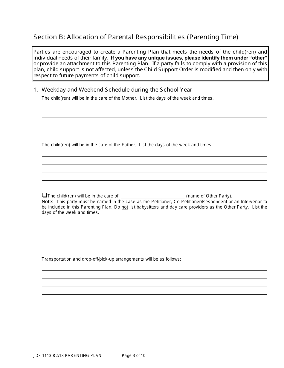 Form JDF1113 Parenting Plan - Colorado, Page 3