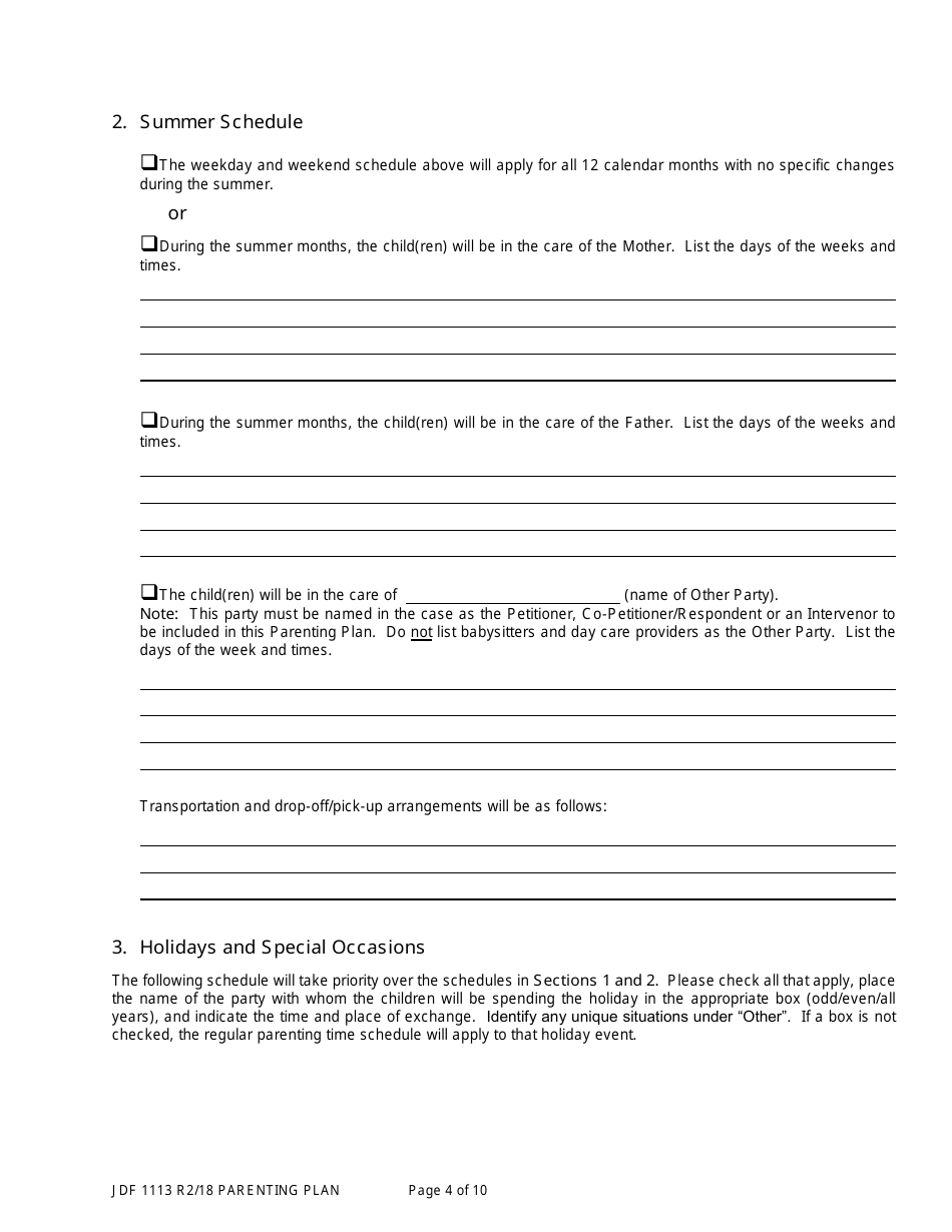 Form JDF1113 Parenting Plan - Colorado, Page 4