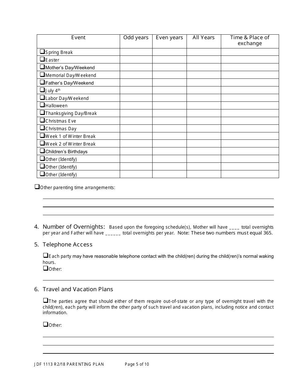 Form JDF1113 Parenting Plan - Colorado, Page 5