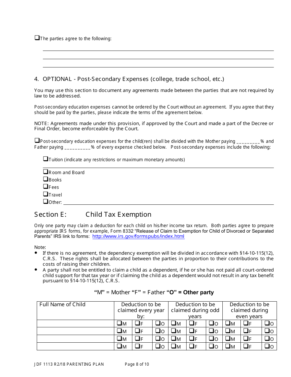 Form JDF1113 Parenting Plan - Colorado, Page 8