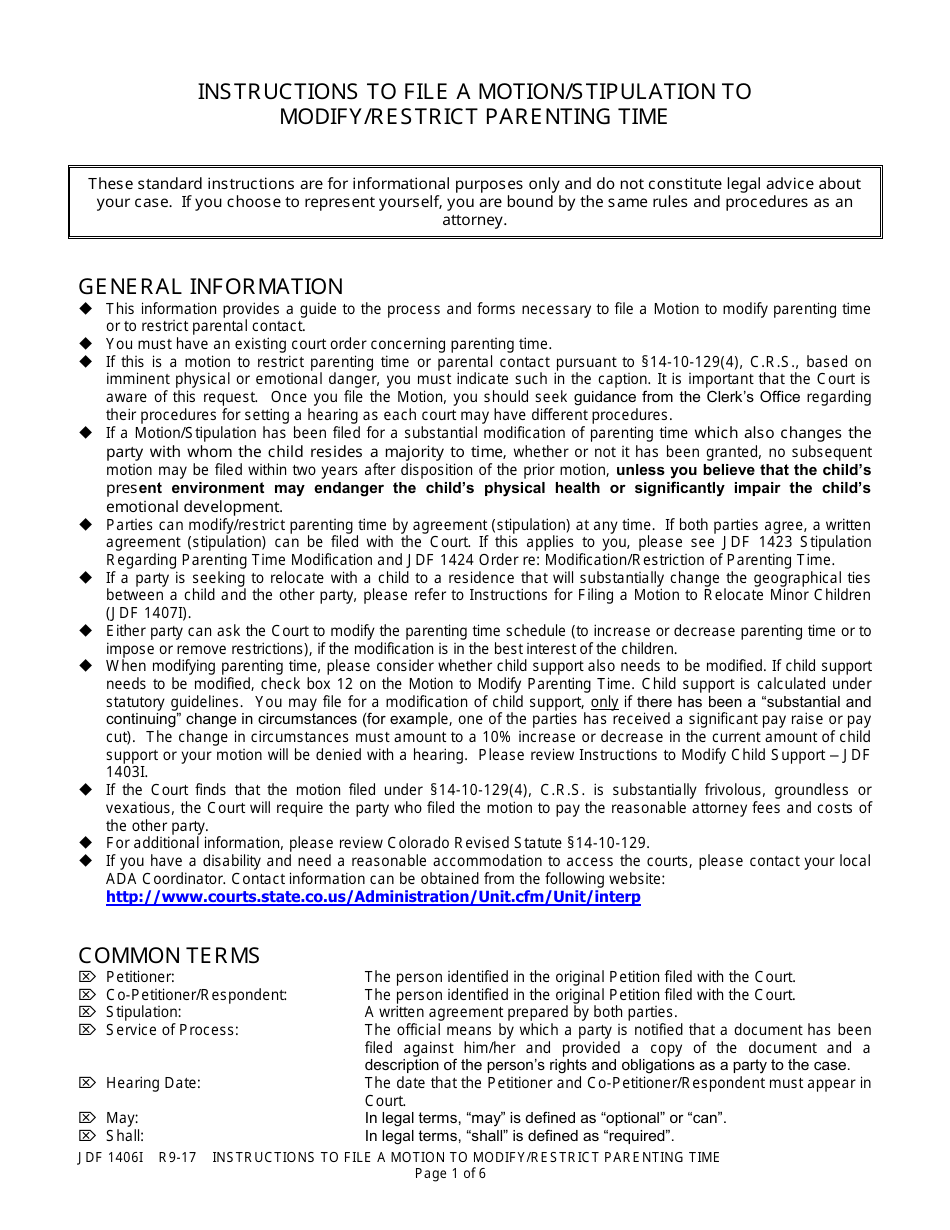 Instructions for Form JDF1406 Motion/Stipulation to Modify/Restrict Parenting Time - Colorado, Page 1