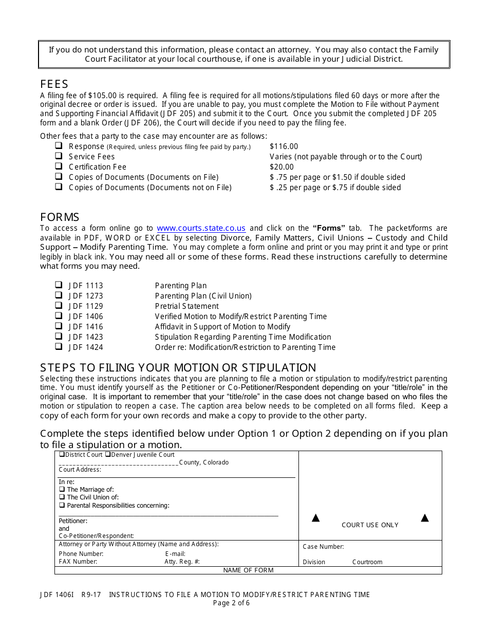 Instructions for Form JDF1406 Motion / Stipulation to Modify / Restrict Parenting Time - Colorado, Page 2