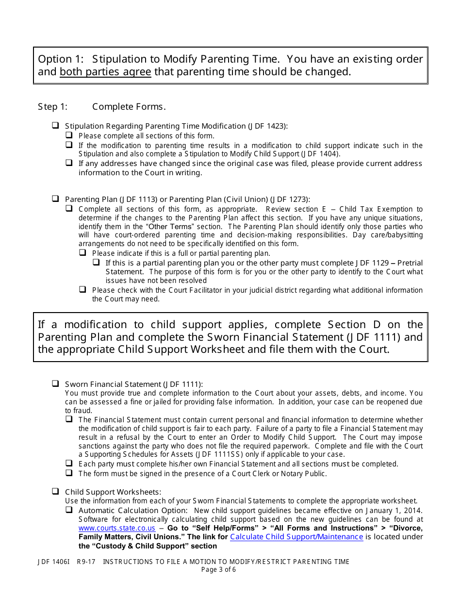 Instructions for Form JDF1406 Motion / Stipulation to Modify / Restrict Parenting Time - Colorado, Page 3