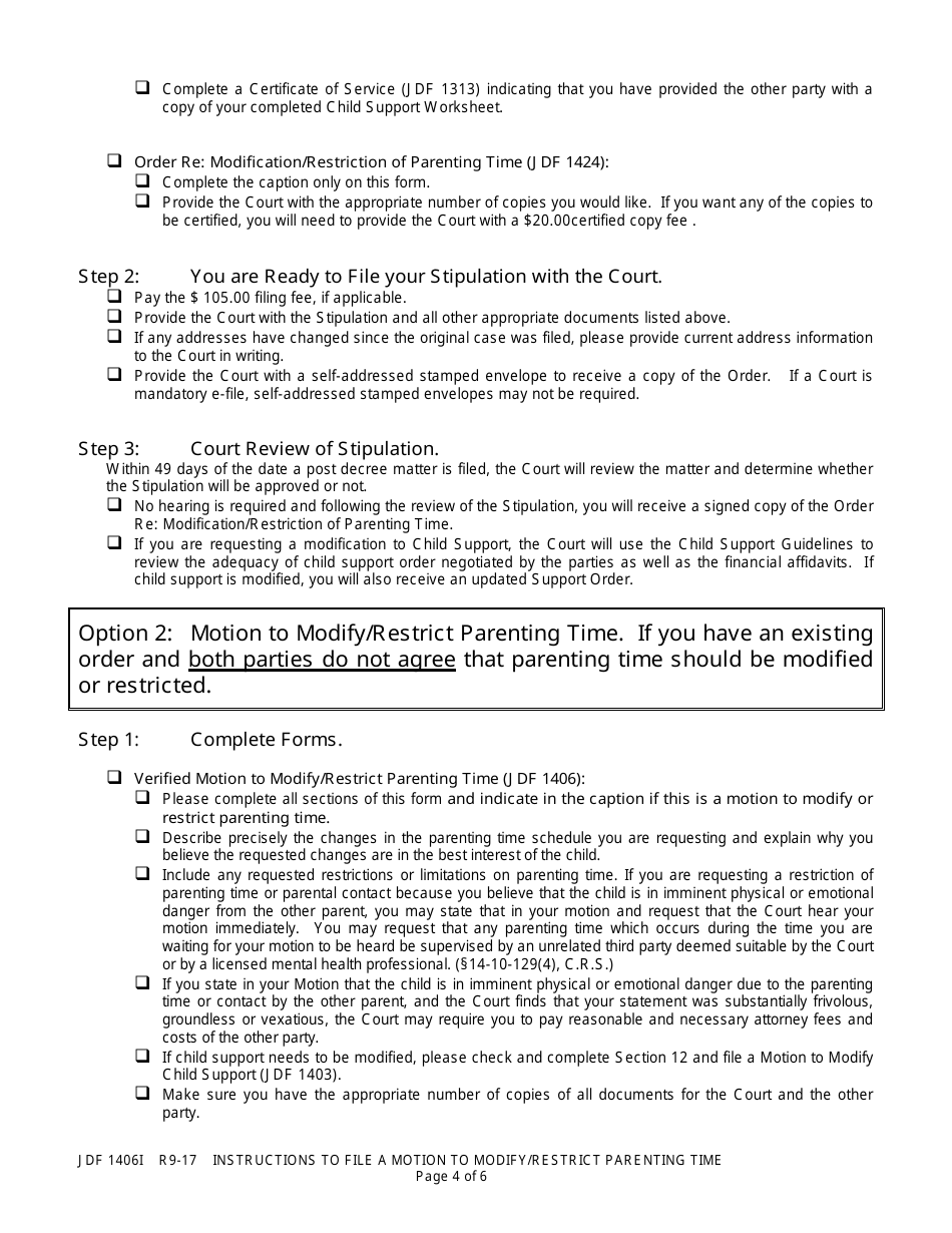 Instructions for Form JDF1406 Motion / Stipulation to Modify / Restrict Parenting Time - Colorado, Page 4